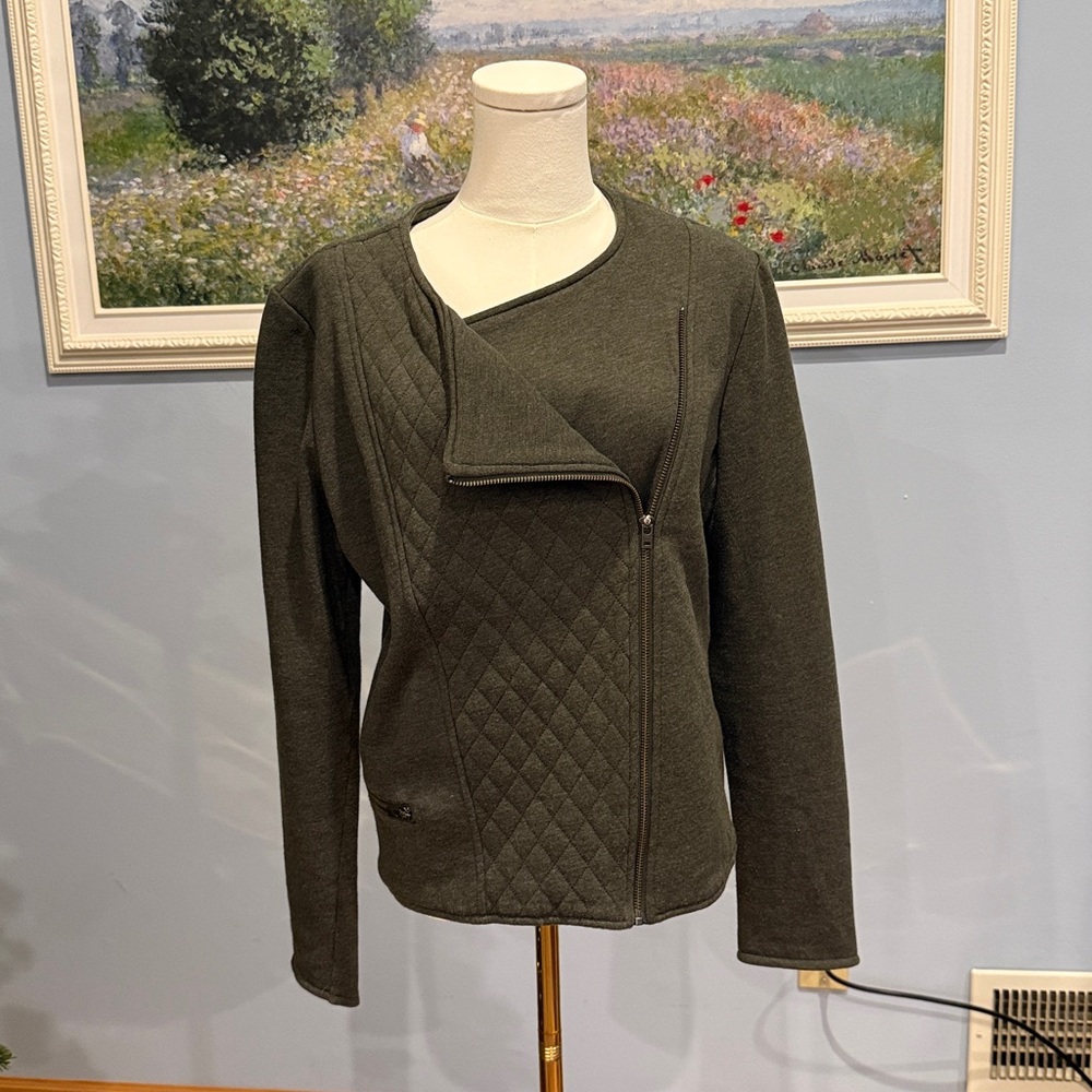 Athleta Olive Green Belvedere Quilted Asymmetrical Zip Moto Jacket
